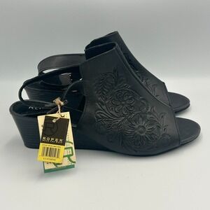 Roper Leather Shoes Womens 9.5 Black Heel Western Flowers Peep Sling Cowgirl New